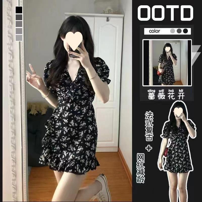 

Short black floral dress women s sweet wind skirt bubble sleeves waist design sense niche S