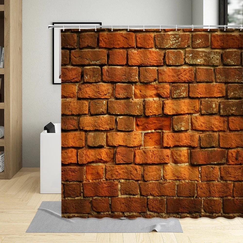 Stone Wall Brick Texture Shower Curtain Set Retro Geometric Red Gray White Bathroom Decor Bathtub Screen Curtains Polyester Hook