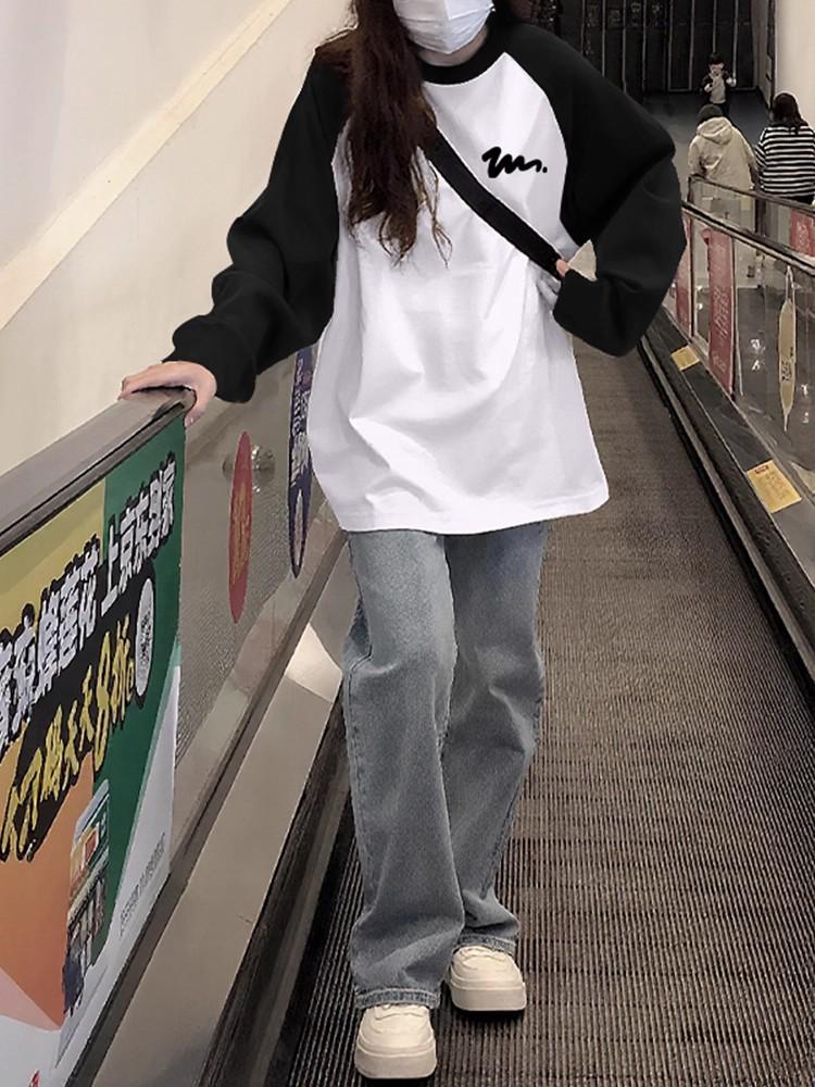 Women's Panda Cute Color Block Raglan Sleeve T-Shirt - Spring/Autumn Loose Fit, Cotton Layered Top