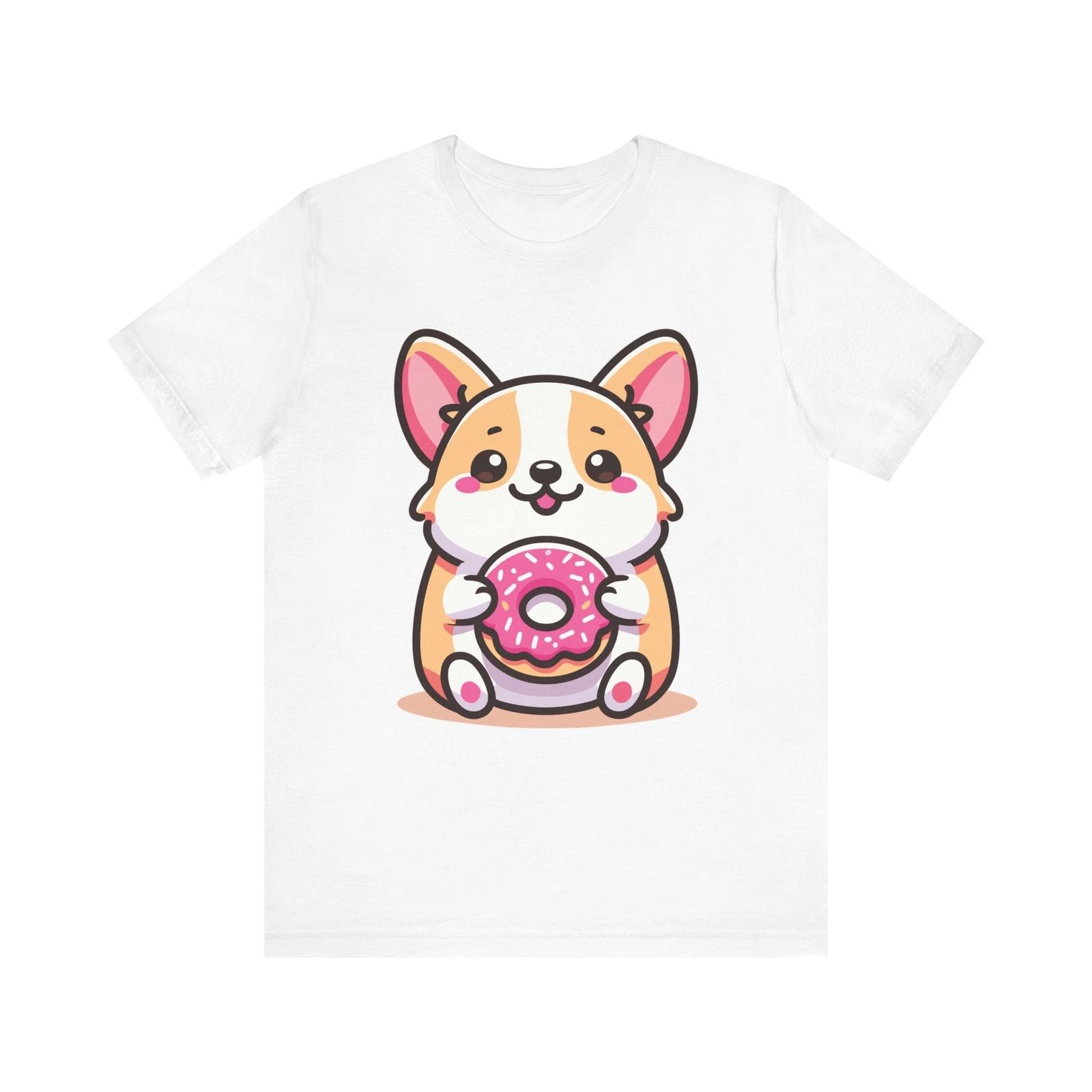 Kawaii Cute Corgi Holding Donut Cartoon Dog Lover Art T-Shirt XL