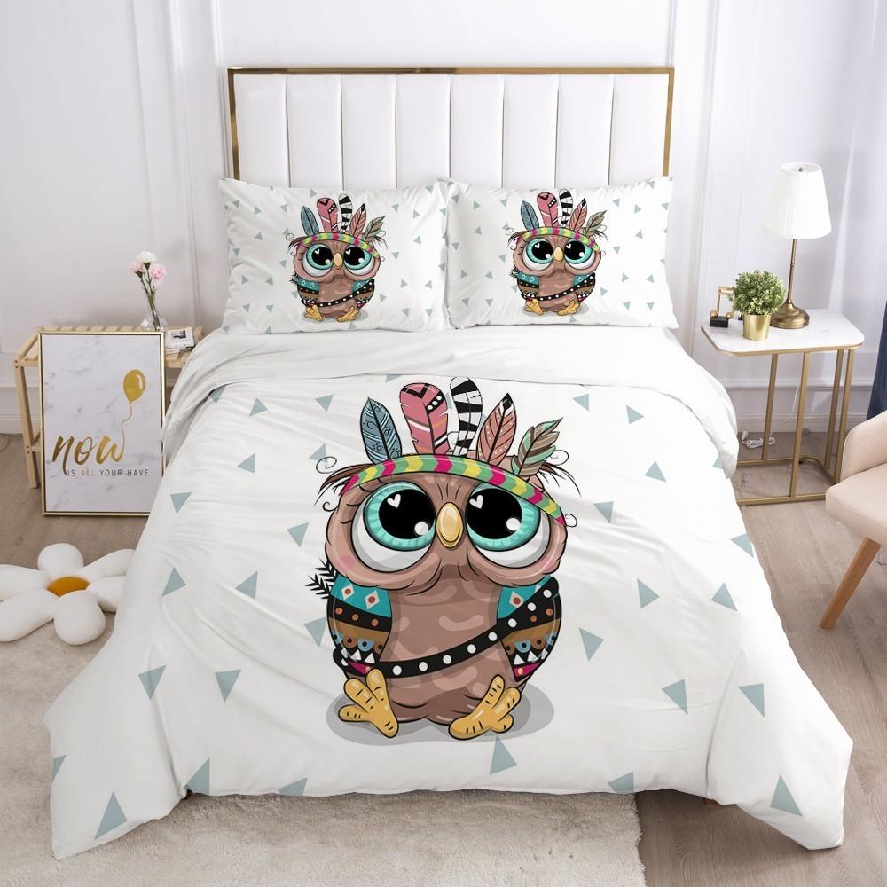 Cartoon Duvet Cover Set Cute Owl And Lion Pattern Animal Theme Comforter Cover For Kid Boy Teen King Size Microfiber Quilt Cover