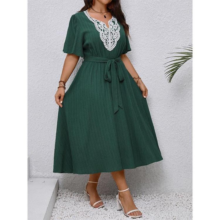 Elegant V-neck Lace Print Summer Casual Dress for Women High Waist Tie Long Maxi Ruffled Short Sleeve Breathable Work Vacation Plus Size Dress
