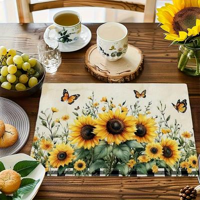 4 stuks Rustieke Stijl Zonnebloem en Vlinder Kunstlinnen Placemats, 12x18 Inch - Wasbare Keuken & Feesttafel | Machine Wasbare Eettafel Decoratie
