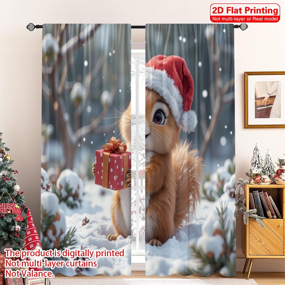 

2pcs 2D flat printing Merry Christmas Popular Drapes Cute Squirrel Christmas Gift Fabric Without Electricity Festive Wall Decor 52.50×116.00 CM 2pcs