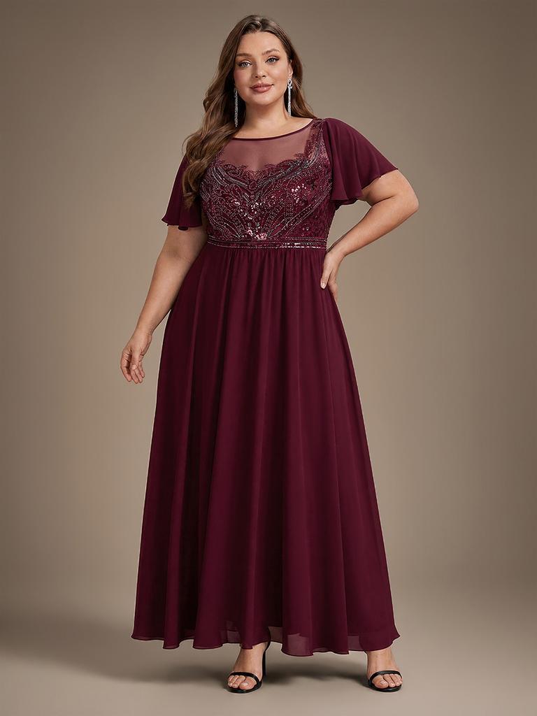 Ever-Pretty Damen Übergröße Perlenbesetztes A-Linien Maxikleid mit Fledermausärmeln Formelles Kleid mit Illusion Halsausschnitt