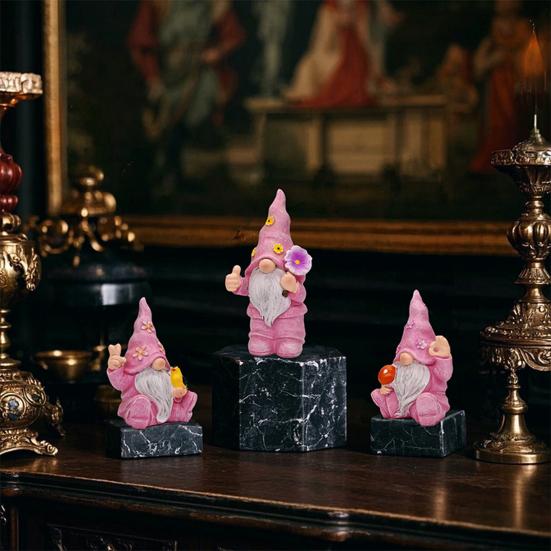 3 Pcs/Set Flower Gnome Figurines Collectible Dwarf Wearing Floral Hat Ornaments Desktop Gnome Statues for Home Cabinet Shelf Decorations