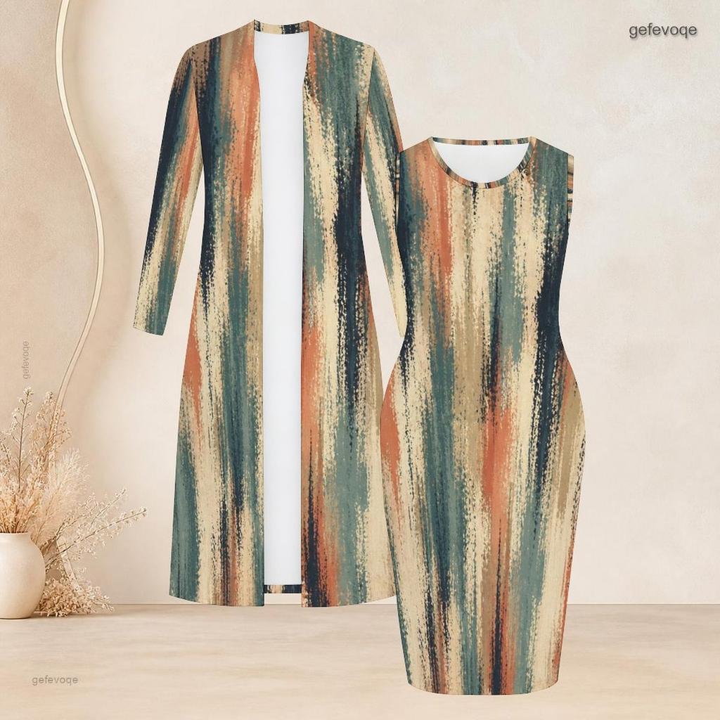 Women Plus Size Two Piece Outfit Geometric Printed Long Sleeve Open Front Cardigan Sleeveless Bodycon Dress