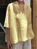 2025 Spring/Summer European-American V-Neck Cotton-Linen Solid Color Loose Mid-Sleeve Women's Shirt