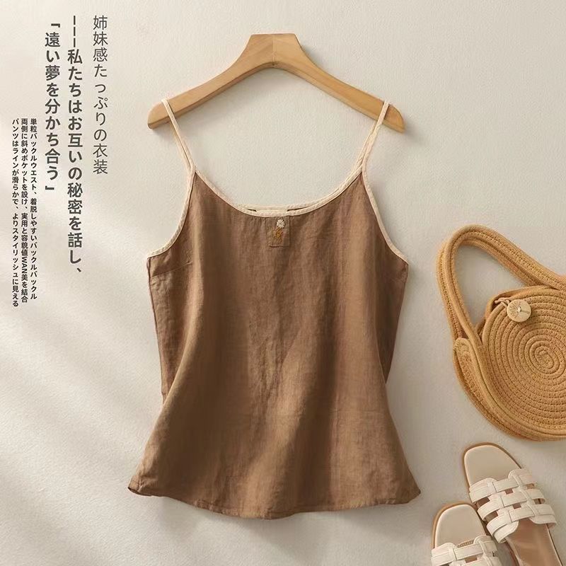 Vintage Embroidered Linen Camisole Women Summer Loose Casual Simple Sleeveless Top