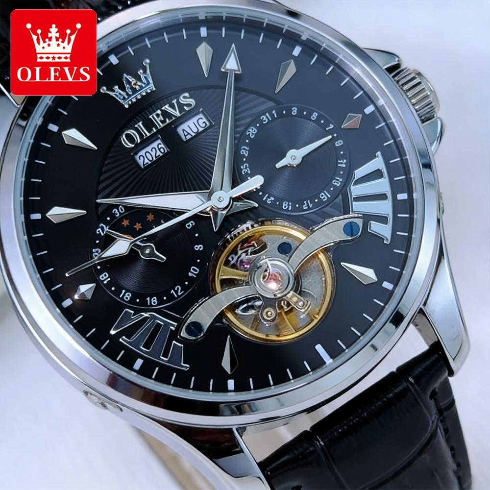 OLEVS Men's Watches Casual Fashion Leather Strap Original Automatic Mechanical Flywheel Movement Moon Phase Calendar Luminous