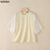 VONDA Summer Women O-Neck Print Splice 3/4 Sleeve Casual Loose Blouse