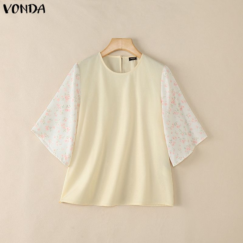VONDA Summer Women O-Neck Print Splice 3/4 Sleeve Casual Loose Blouse