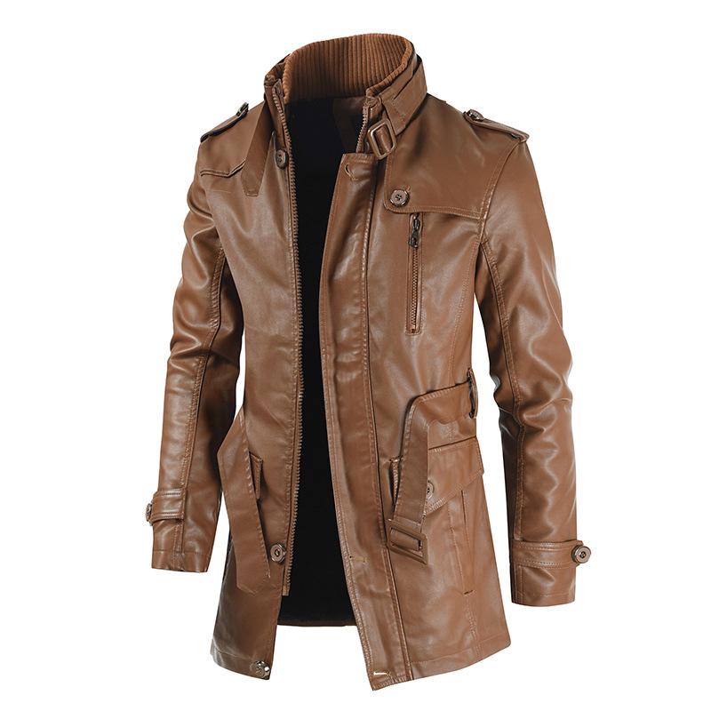 Men's Stand Collar Leather Jacket - Autumn/Winter 2021, Mid-Length, Loose Fit, Plus Velvet, Plus Size, PU Leather.