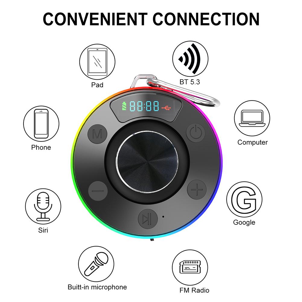 Bluetooth-Compatible 5.3 Shower Speaker FM Radio Stereo Subwoofer IPX7 Waterproof Wireless Speaker with Suction Cup for Bathroom