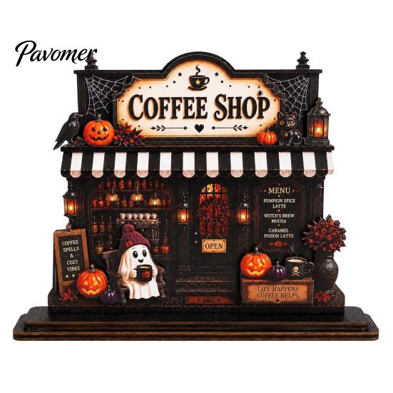 Wooden Coffee Shop Sign Halloween Bar Sign, Fall Harvest Tabletop Decor Plaque with Pumpkin And Ghost Home Cat, Retro Ornament for Kitchen Counter