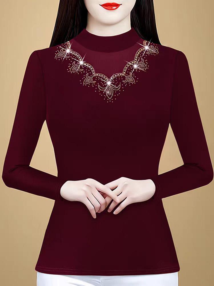 Elegant Beaded Half-High Collar Thermal Shirt for Mothers M бордовый