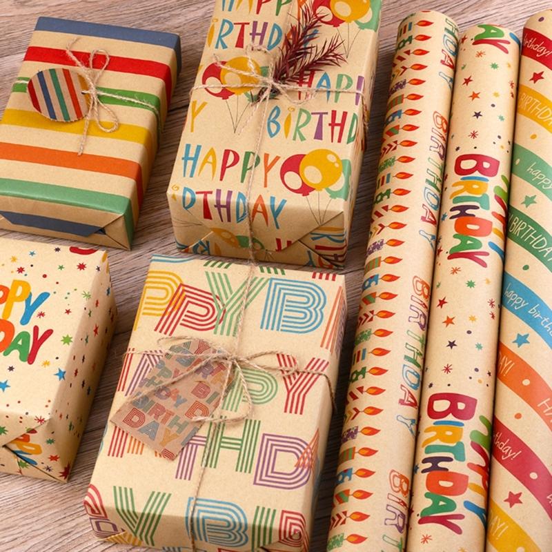 Birthday Gift Wrapping Paper Set Unique Birthday Gift Patterned Wrapping Paper with Tape Card and Straw Rope