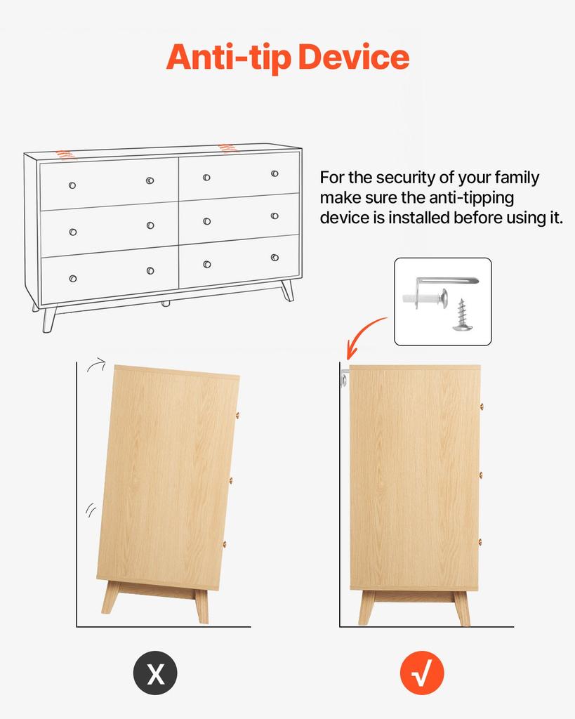 VEVOR 6 Drawer Dresser, Wooden Chest of Drawers with Sliding with Anti-tip Device, Modern Minimalist Dresser Chest