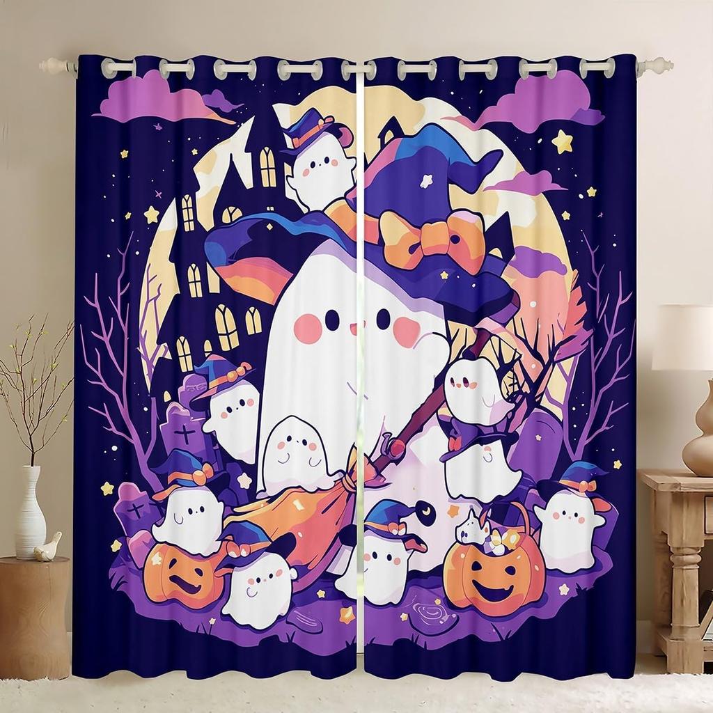 Happy Halloween Curtain Pumpkin Curtains Trick Treat Gothic Night Drapes Horror Cartoon Window Room Darkening Made Of Polyester