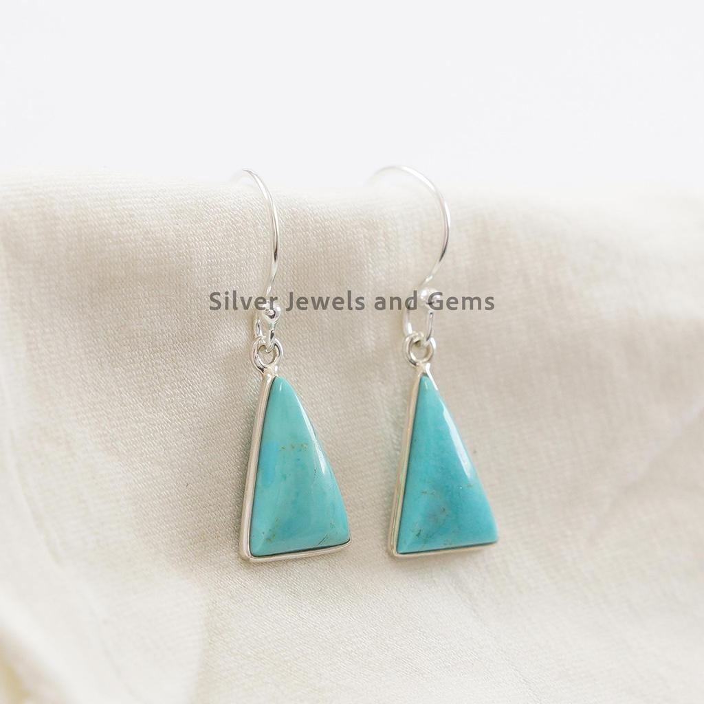 Natural Turquoise Earrings, Bezel Earrings, 925 Sterling Silver Triangle Earrings, Gift for Sister, Light Weight Earring