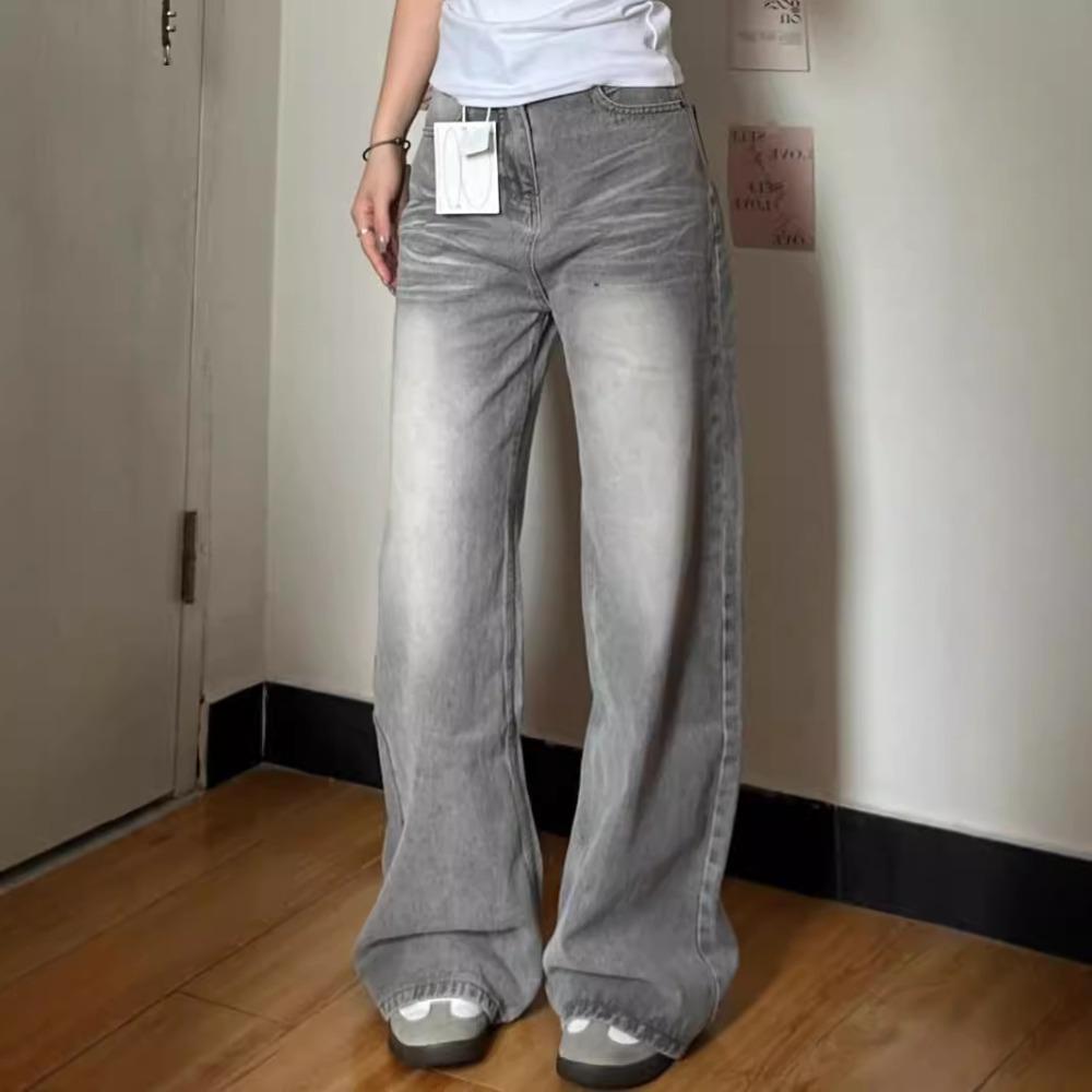 

Серые джинсы клеш в американском ретро-стиле женские весенне-осенние новый стиль волнообразная драпировка свободные прямые брюки-трубы до пола S серый