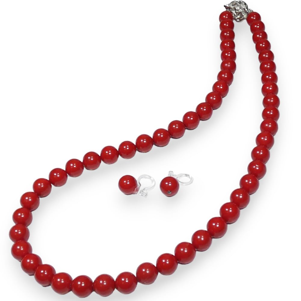Korallenkette Synthetisch 42cm Ohrringe Bonus-Set Blutrote Korallenkette [B-Stil] (8mm/42cm/Transparente Ohrringe)