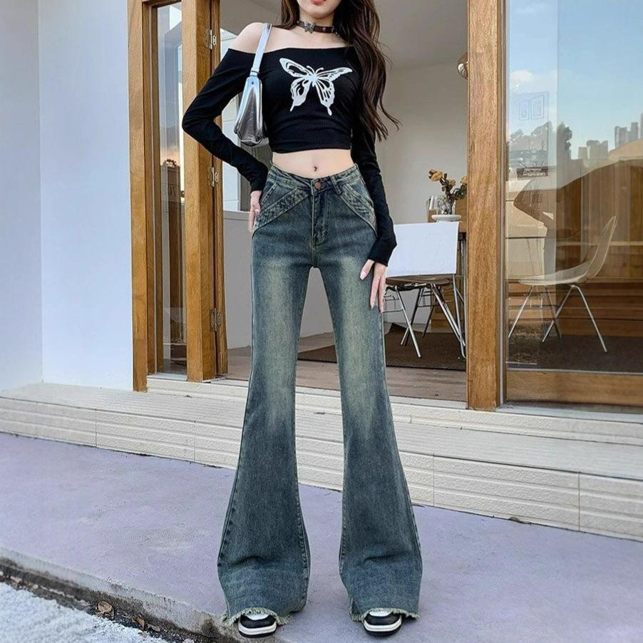 Pear-shaped large-size slightly pulled jeans women's autumn new nostalgic blue fat mm rough-edged high-waisted thin flared pants