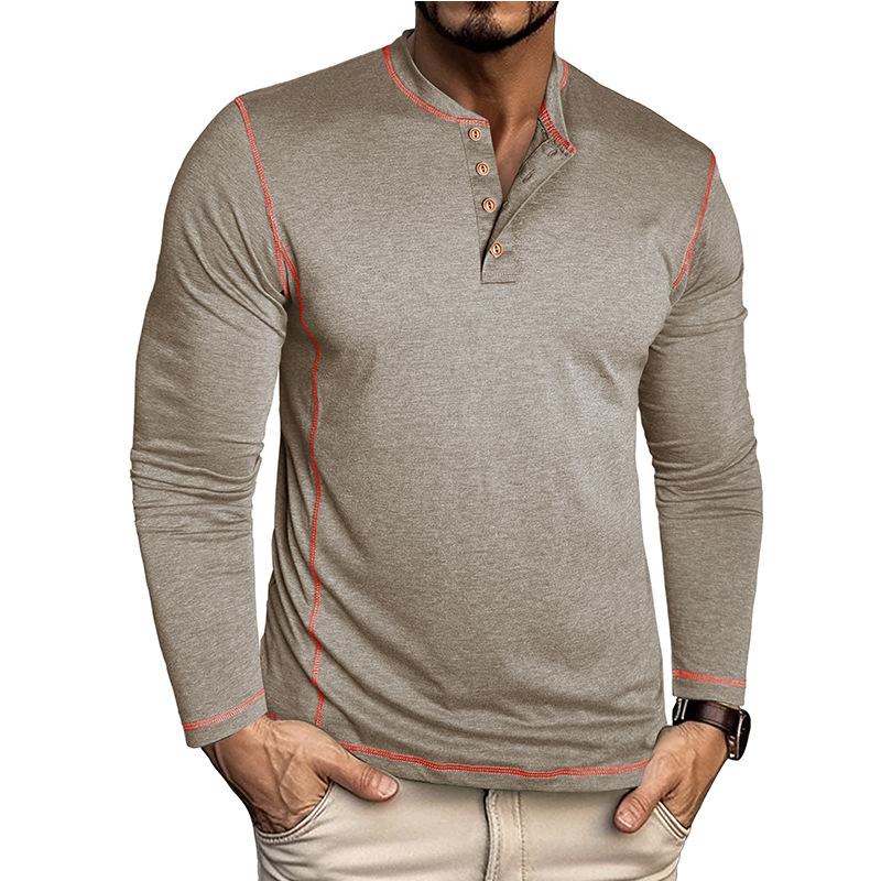 Men Henley Collar Contrast Stitching Long Sleeve Solid Color Slim Casual Button T Shirt