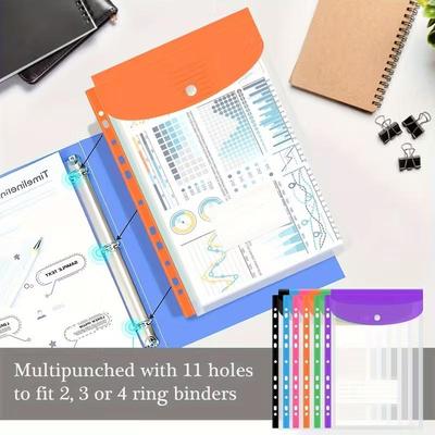 Office File Bags 12-Piece File Holder Binder Dividers With Snaps Fits 2/3/4/11 Binders 6 Colors  Transparent Plastic File Bags