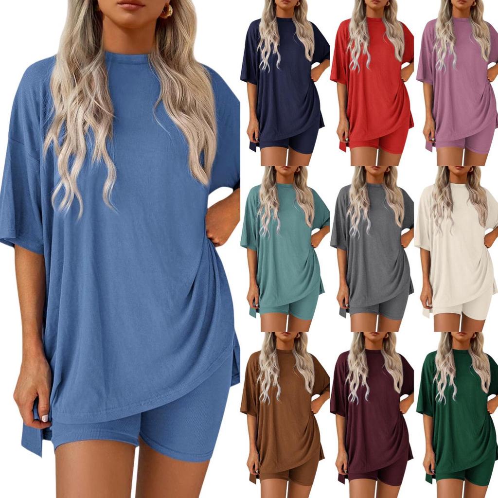 2026 Euro-American Casual Solid Color Loose-Fit Short-Sleeved Top & Shorts Two-Piece Sports Set
