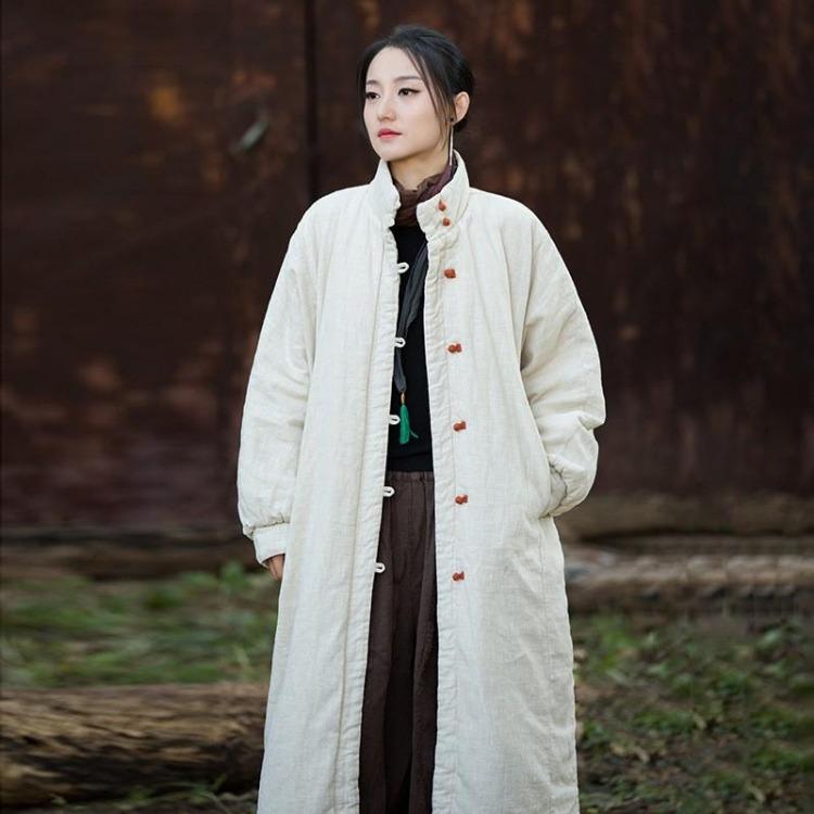 

Chinese Style Vintage Winter Coat Women Loose Warm Solid Color Button Johnature One Size бежевий
