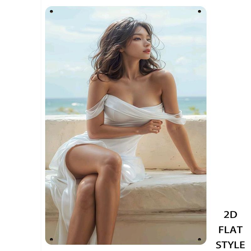 

HD Metal Tin Sign Stunning Woman in White OffShoulder Dress Seaside View Portrait Wall Art Decor 20x30cm（7.8x11.8inch）