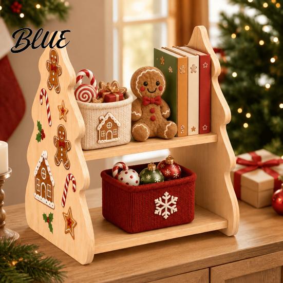 Holiday Home Decoration Christmas Tree Shaped Wooden Storage Shelf 2‑Tier Desktop Display Rack with Table Centerpiece Xmas Stickers Rustic