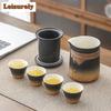 Service à thé de voyage en poterie grossière, 1 théière, 4 tasses, théière et tasse à thé portables pour camping en plein air avec sachet, outil de préparation du thé