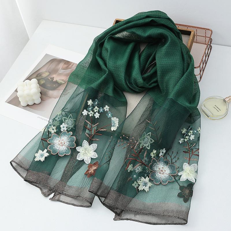 Four Season silk wool scarf women hijab pashmina shawls wrap Bandana Blanket Floral Pashmina Embroidery Scarves Foulard Fashion