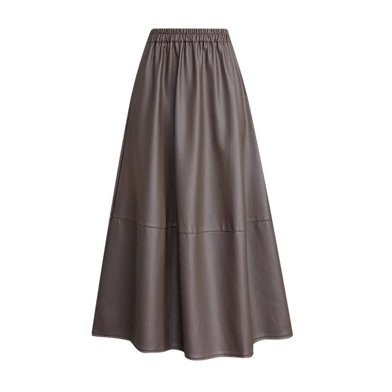 2024 Autumn/Winter New PU Leather Mid-Length Skirt - Versatile, Fashionable, Elastic Waist Umbrella Skirt for Women