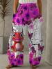 Women's Sunflower and Frog Print Wide Leg Pants - Relaxed, Elegant, Relaxed Fit, Comfortable and Cool, with Pockets