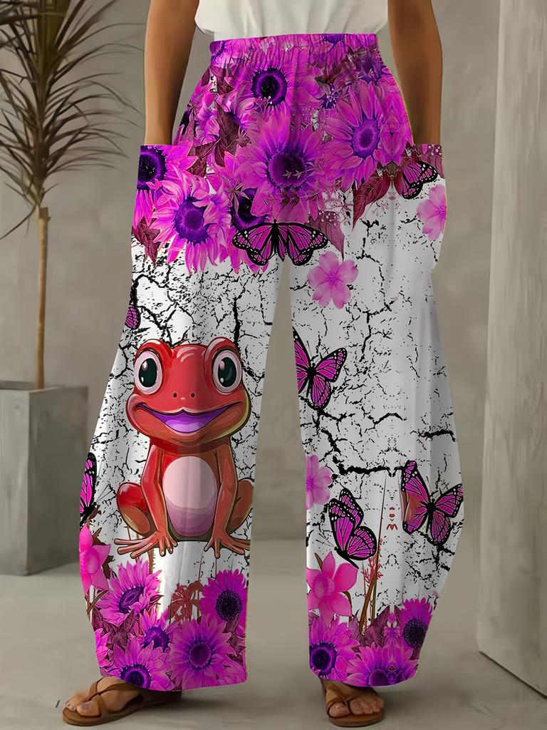 Women's Sunflower and Frog Print Wide Leg Pants - Relaxed, Elegant, Relaxed Fit, Comfortable and Cool, with Pockets