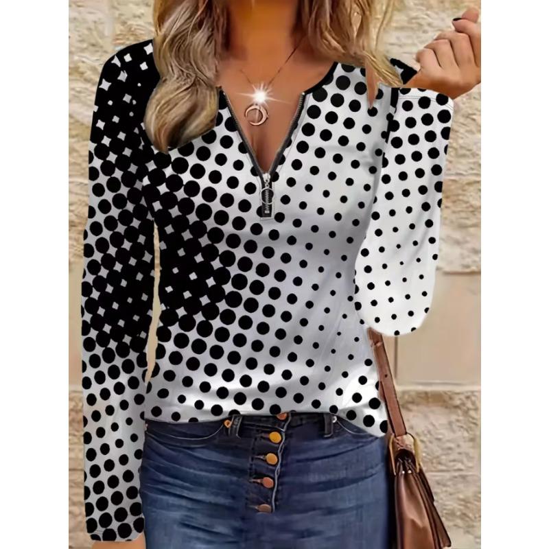 Dámský elegantní top s potiskem, na zip, s dlouhým rukávem, stylový a univerzální pro podzimní a zimní ležérní i kancelářské nošení, lze prát v pračce