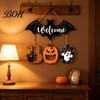 Natural Texture Holiday Sign Halloween BOO Door Sign, Wooden Ghost Evil Pumpkin Black Cat Hanging Welcome Festive for Spooky Bat Hanger Front