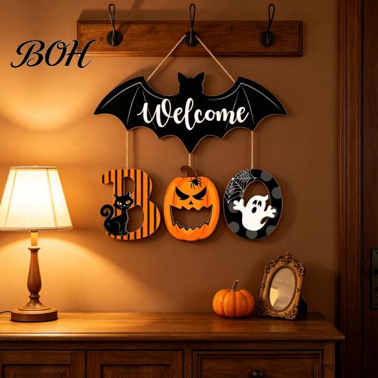 Natural Texture Holiday Sign Halloween BOO Door Sign, Wooden Ghost Evil Pumpkin Black Cat Hanging Welcome Festive for Spooky Bat Hanger Front