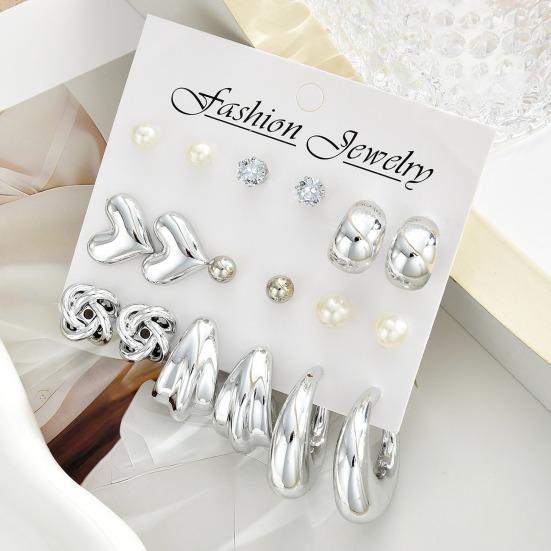 9 Paires Boucles d'Oreilles Créoles Argent Brillant Miroir Cœurs Poli Zirconium Cubique Perles Synthétiques Design Géométrique Boucles d'Oreilles Soirée Rendez-vous