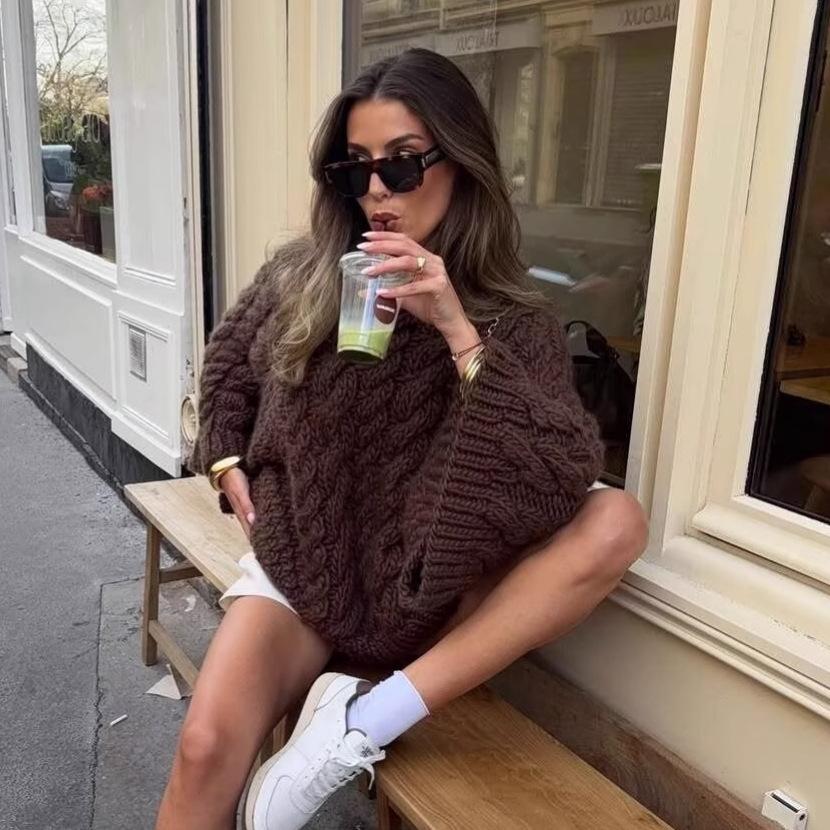 Retro European & American Style Cable Knit Sweater with Big Sleeves for Women