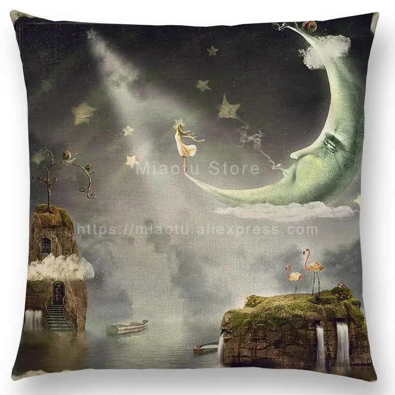 Latest Mysterious Imagine Animals Cushion Cover Forest Raven Fantasy Clouds Sky Moon Stars Earth Dream Girl Prints  Pillow Case