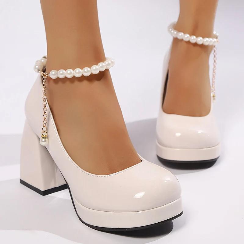 Fashion Chunky Platform High Heels Pumps Women Fashion Pearl Ankle Strap Party Shoes Woman Patent Leather Thick Heeled Mary Jane Shoes