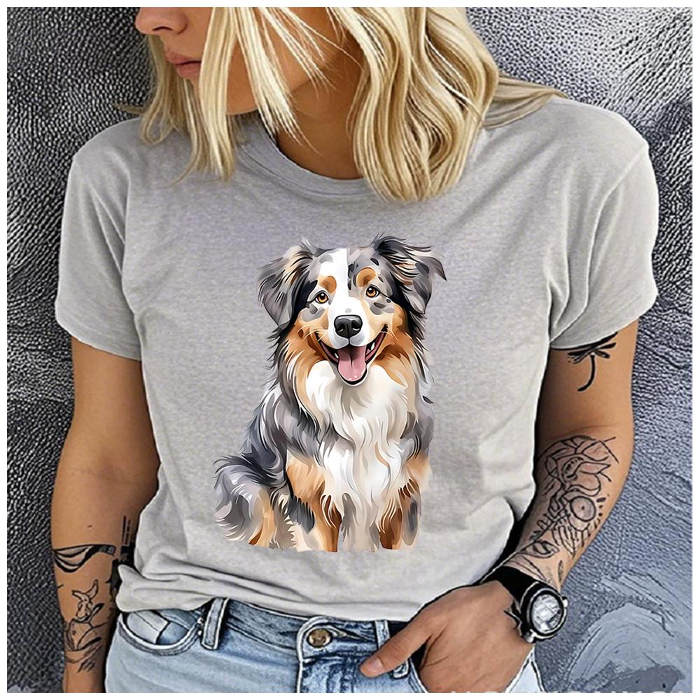 Unisex 100% Polyester Summer Top Watercolor Hand-drawn Shepherd Dog Print Loose Round Neck Short Sleeve Fashion for Lovers