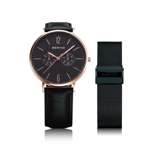 BERING (Bering) Men's & Women's (Unisex) Watch, Black Calf Leather & Black Stainless Steel, with Two Mesh Straps, Rose Gold Sapphire Crystal, Changes,