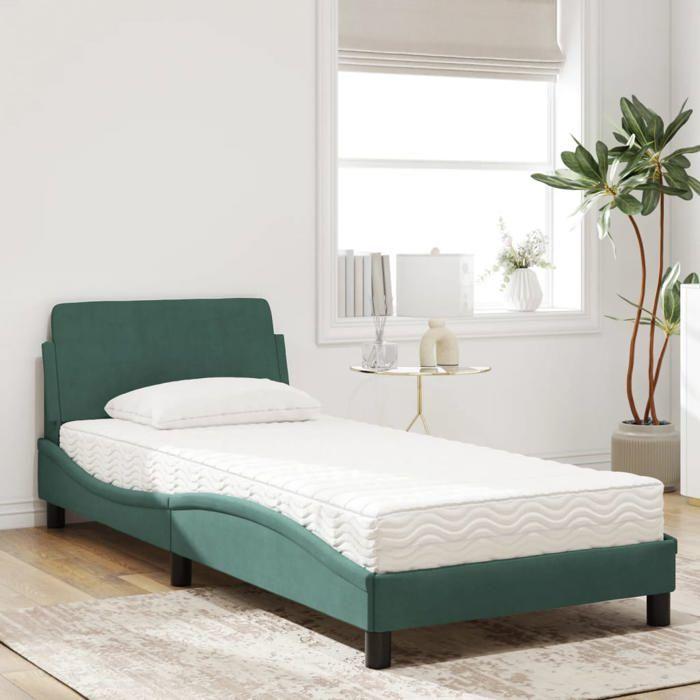 VidaXL Bed with Dark Green Mattress 90x190 Cm Velvet, Bedroom Furniture, Single Bed, Curved Bed Frame, Slatted Base, Bed In 3208314