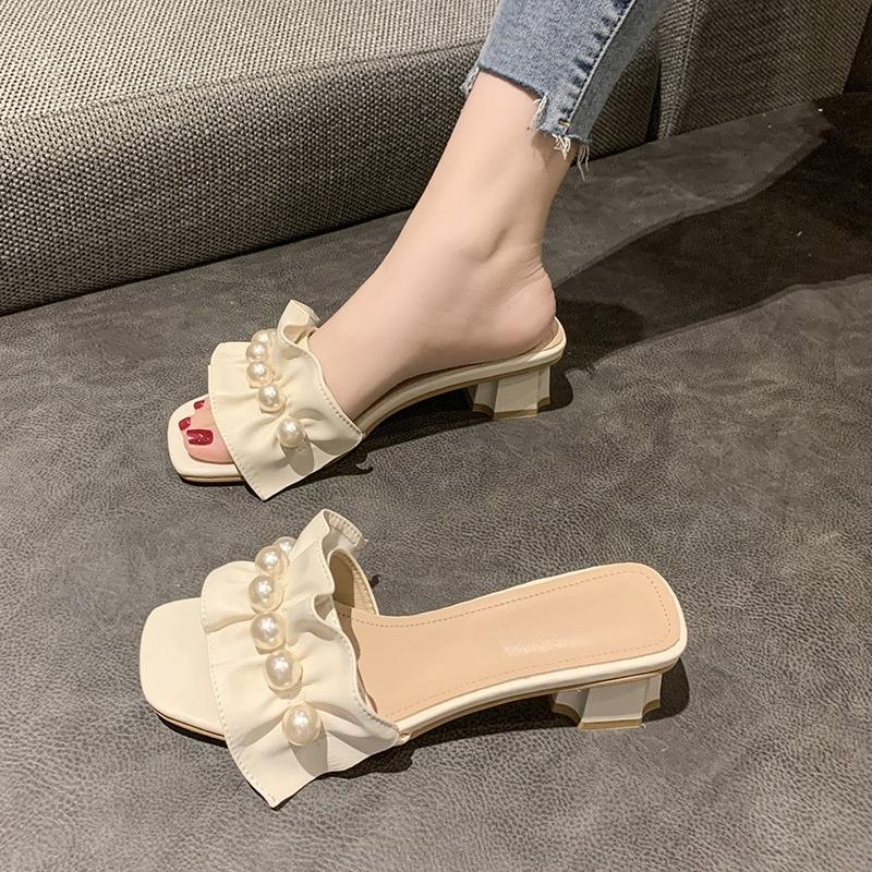 Women Slides Faux Pearl Decor Ruffle Trim Sandals Open Toe Wear-resistant Slippers Summer Sandy Beach Sandals Women Shoes