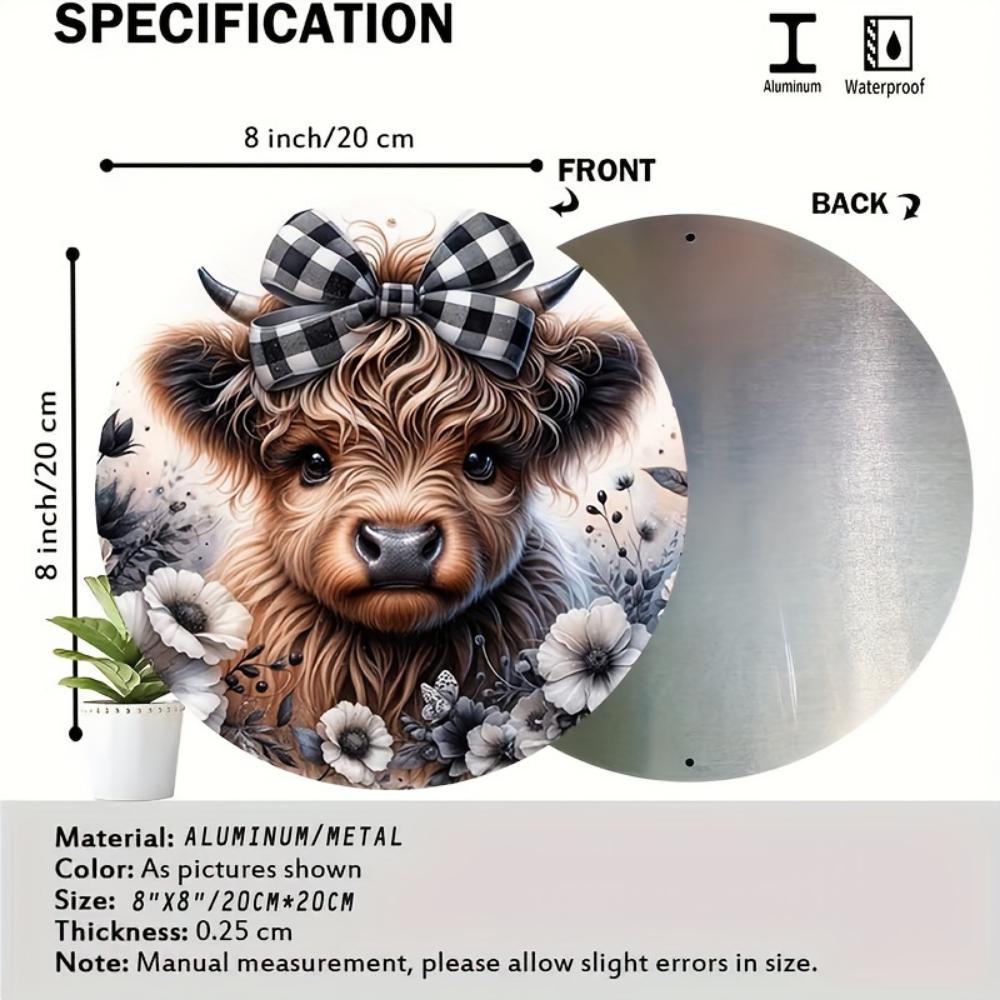 Okouzlující skotská kráva s mašlí Věnec Znamení 8"x8" Kulatá hliníková dekorace pro domov, kuchyň, zahradu Ideální na Vánoce